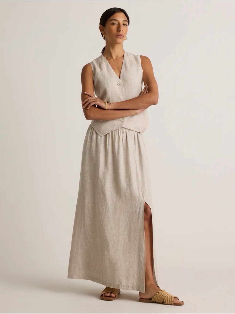 Quince Natural Beige Linen Maxi Skirt with Side Slit - Picture 2 of 7